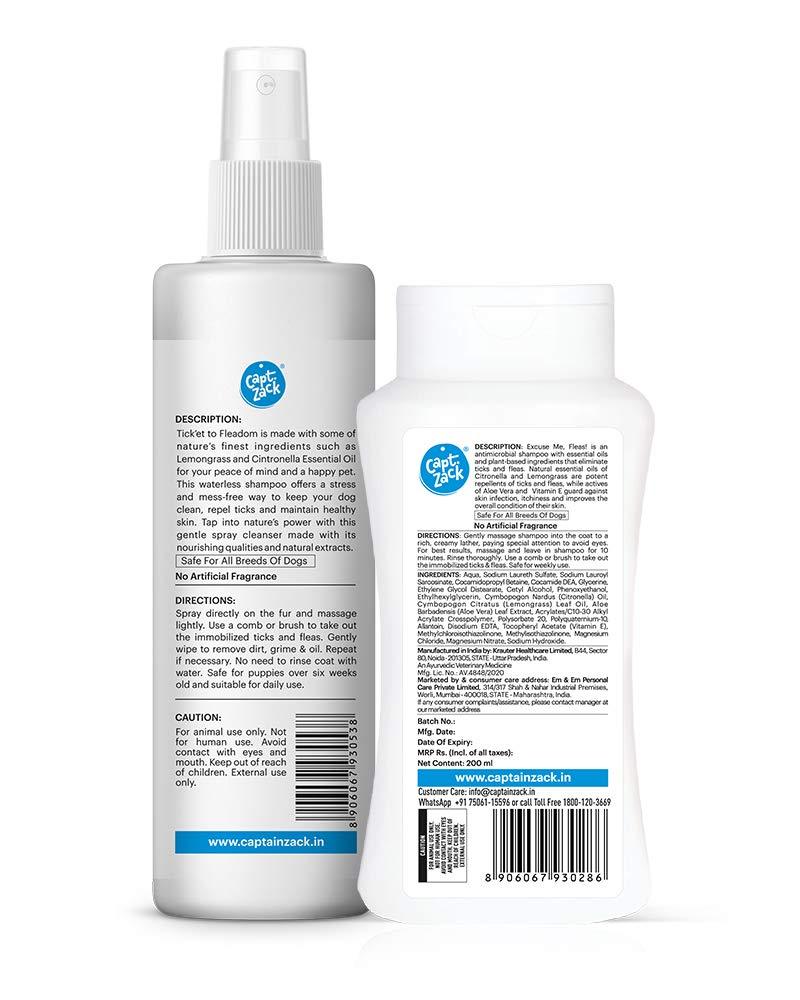 Tick’et to Fleadom Dry Shampoo-250ml + Excuse Me Fleas Dog Shampoo-200ml - Captain Zack