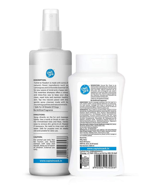 Tick’et to Fleadom Dry Shampoo-250ml + Excuse Me Fleas Dog Shampoo-200ml - Captain Zack