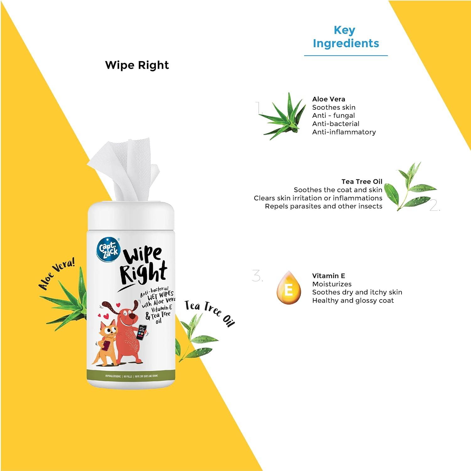 Wipe Right Anti-Bacterial Wet Wipes for Dogs & Cats, 80Wipes + Bling On The Shine Waterless Spray Dog Shampoo 250ml - Captain Zack