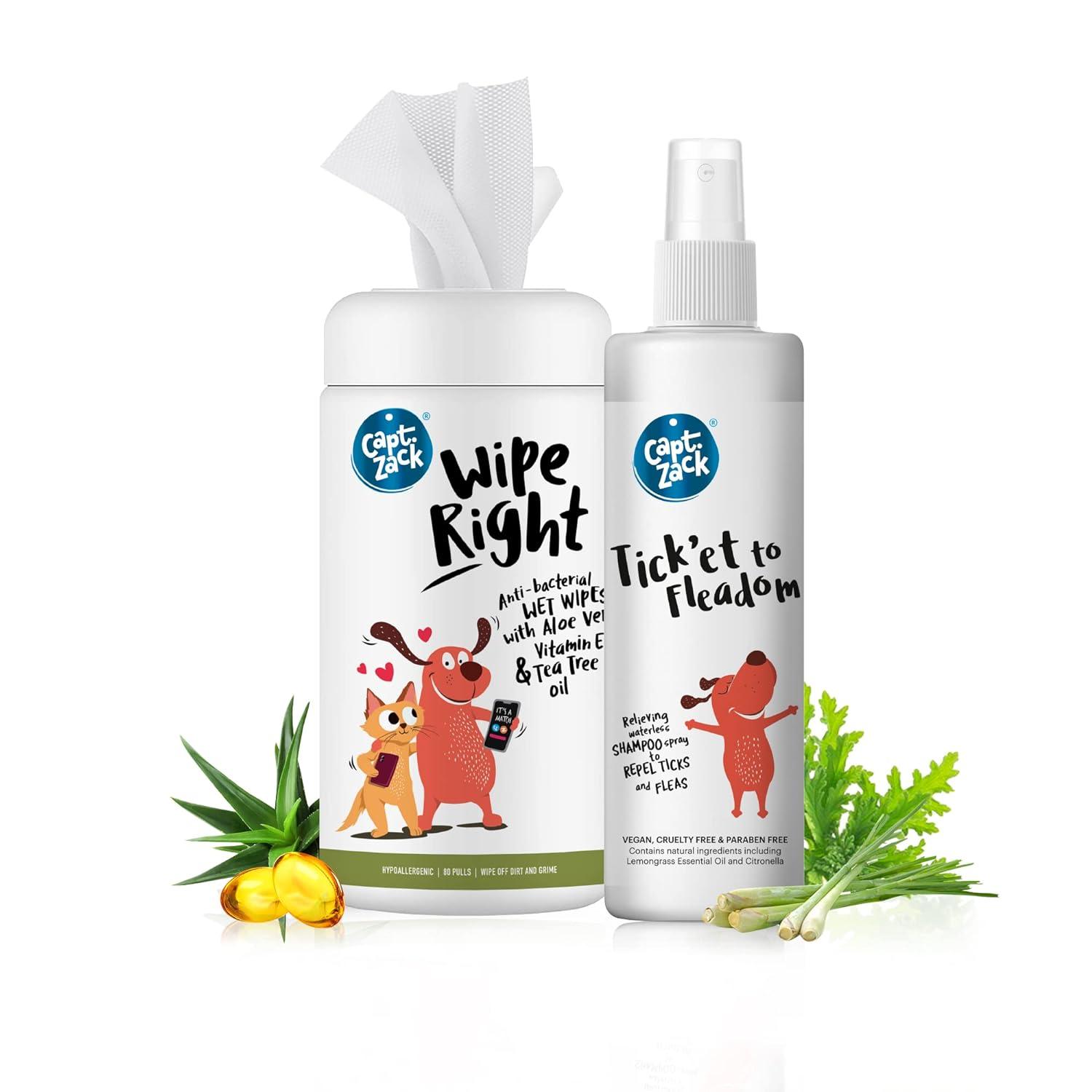 Wipe Right Anti-Bacterial Wet Wipes for Dogs & Cats, 80 Wipes + Tick’et to Fleadom Waterless Dog Shampoo 250 ml - Captain Zack