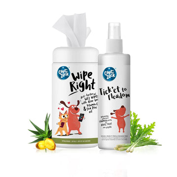 Wipe Right Anti-Bacterial Wet Wipes for Dogs & Cats, 80 Wipes + Tick’et to Fleadom Waterless Dog Shampoo 250 ml - Captain Zack