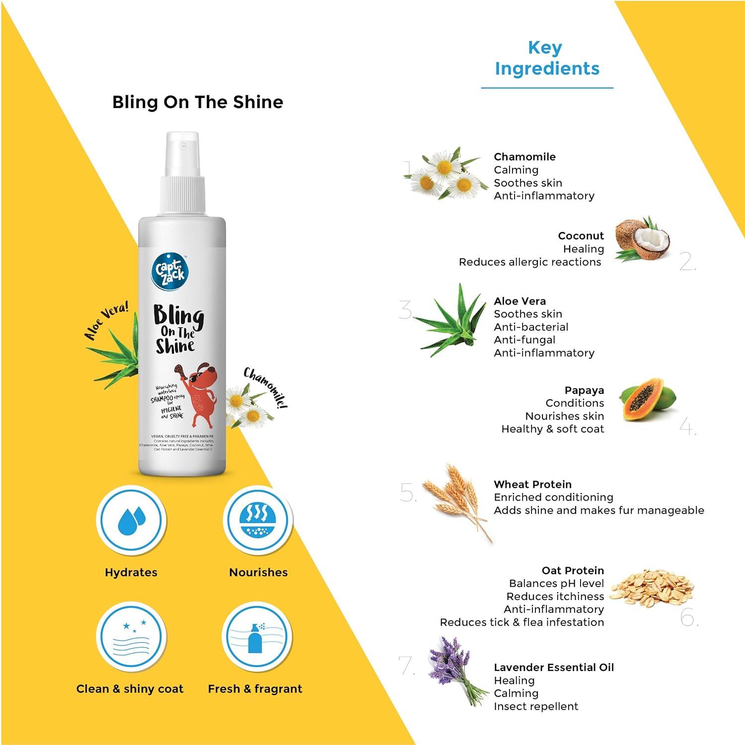 Wipe Right Anti-Bacterial Wet Wipes for Dogs & Cats, 80Wipes + Bling On The Shine Waterless Spray Dog Shampoo 250ml - Captain Zack