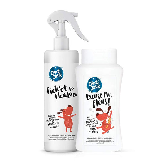 Tick’et to Fleadom Dry Shampoo-250ml for Dogs + Excuse Me Fleas Dog Shampoo-200ml - Captain Zack