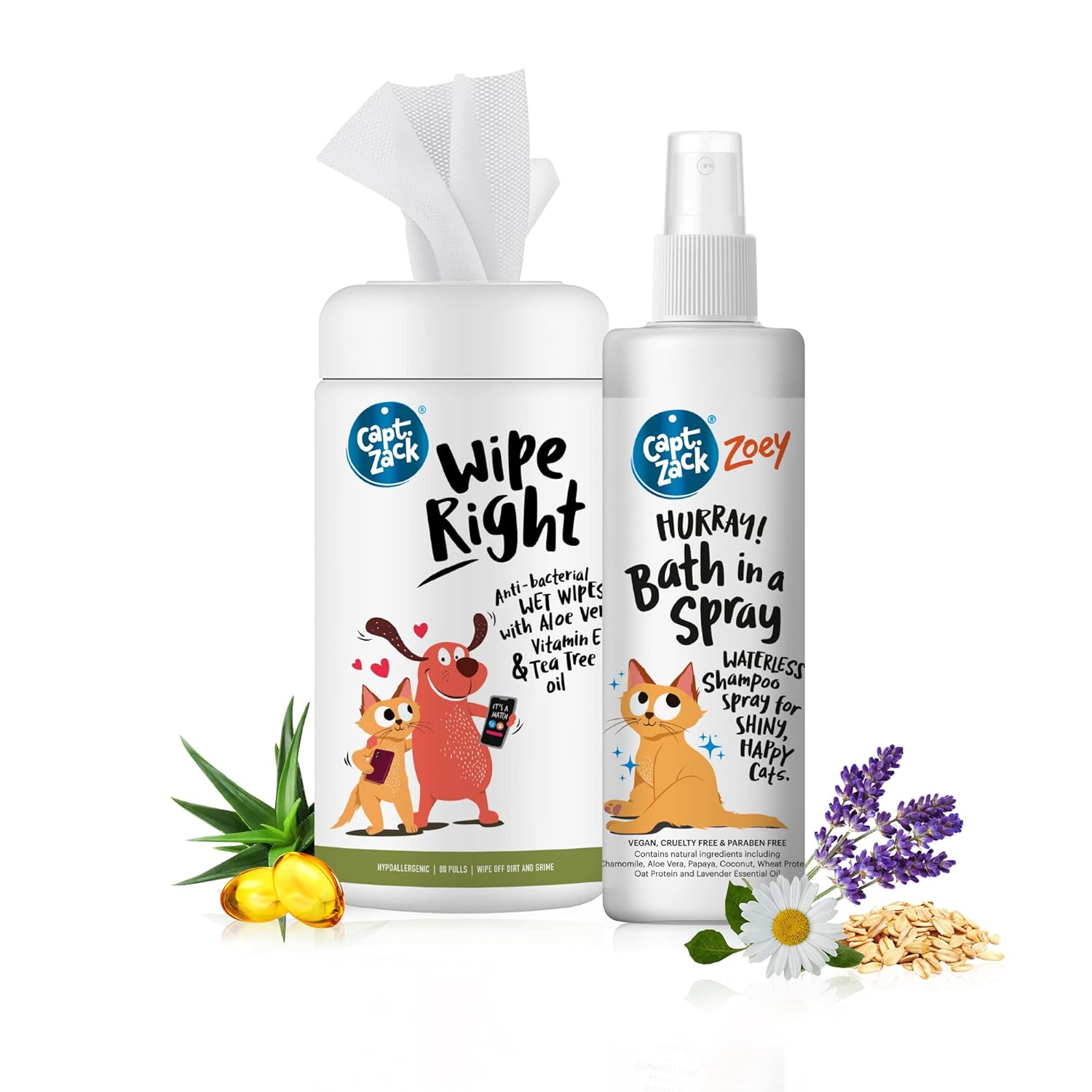 Wipe Right Anti-Bacterial Wet Wipes for Dogs & Cats, 80 Wipes & Tea Tree Oil + Zoey Hurray Bath Cat Shampoo, 250 ml
