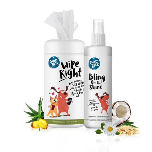 Wipe Right Anti-Bacterial Wet Wipes for Dogs & Cats, 80Wipes + Bling On The Shine Waterless Spray Dog Shampoo 250ml - Captain Zack