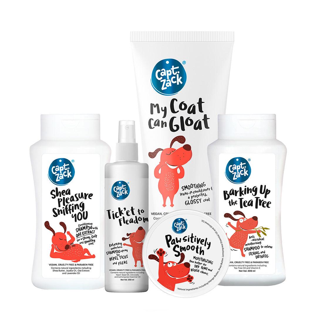 Grooming Combo of 5 - Barking up the Tea Tree 50 ml + Paw’sitively Smooth – 25g + My Coat Can Gloat - 100g + Tick’et to Fleadom – 50 ml + Shea Pleasure Sniffing You 50 ml