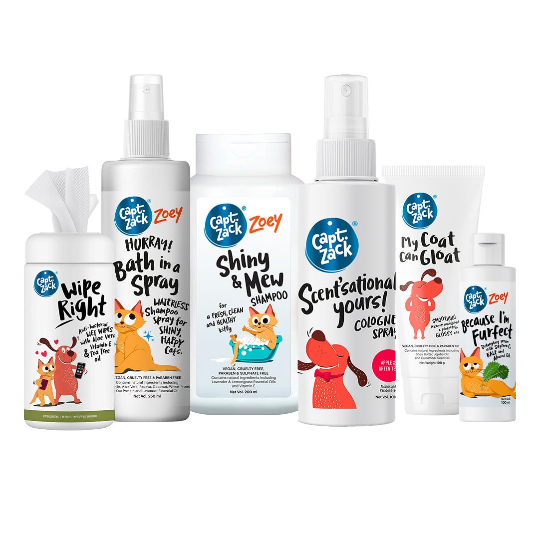 Zoey Cat Full Grooming Kit - Shampoo + Dry Shampoo + Conditioner + Serum + Cologne + Wipes