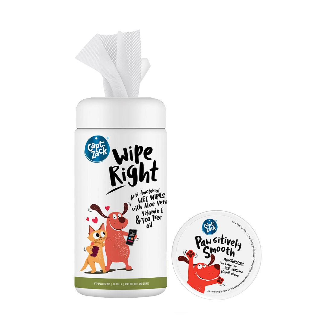 Post Walk Combo | Wipe Right Anti-Bacterial Wet Wipes 80Wipes + Pawsitively Smooth Paw Butter 100g - Captain Zack