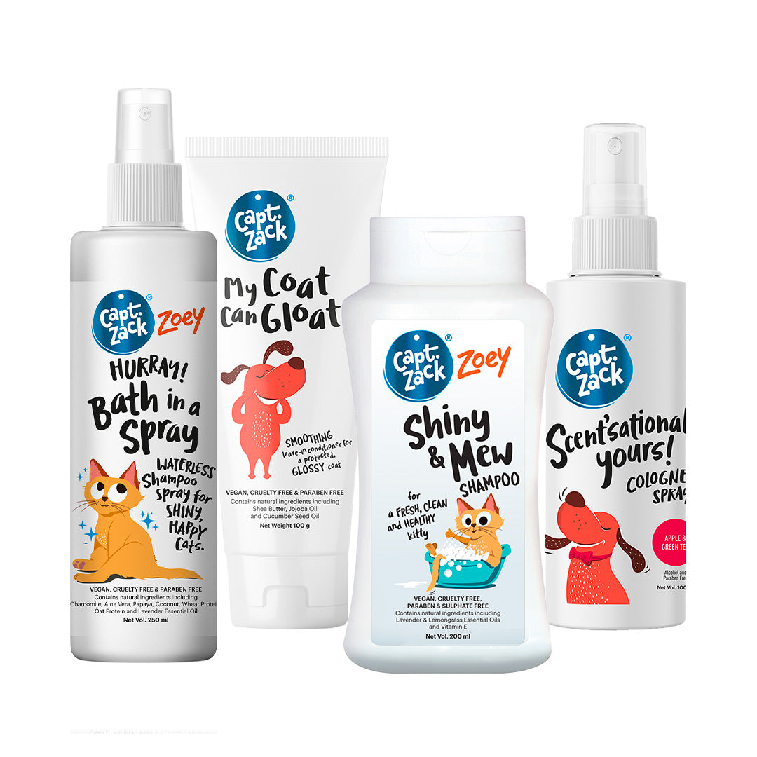 Cat Grooming Combo of 4 - Shiny & Mew + Hurray Bath in a Spray + My Coat Can Gloat - 100g + Scent’sationally Yours - 100 ml