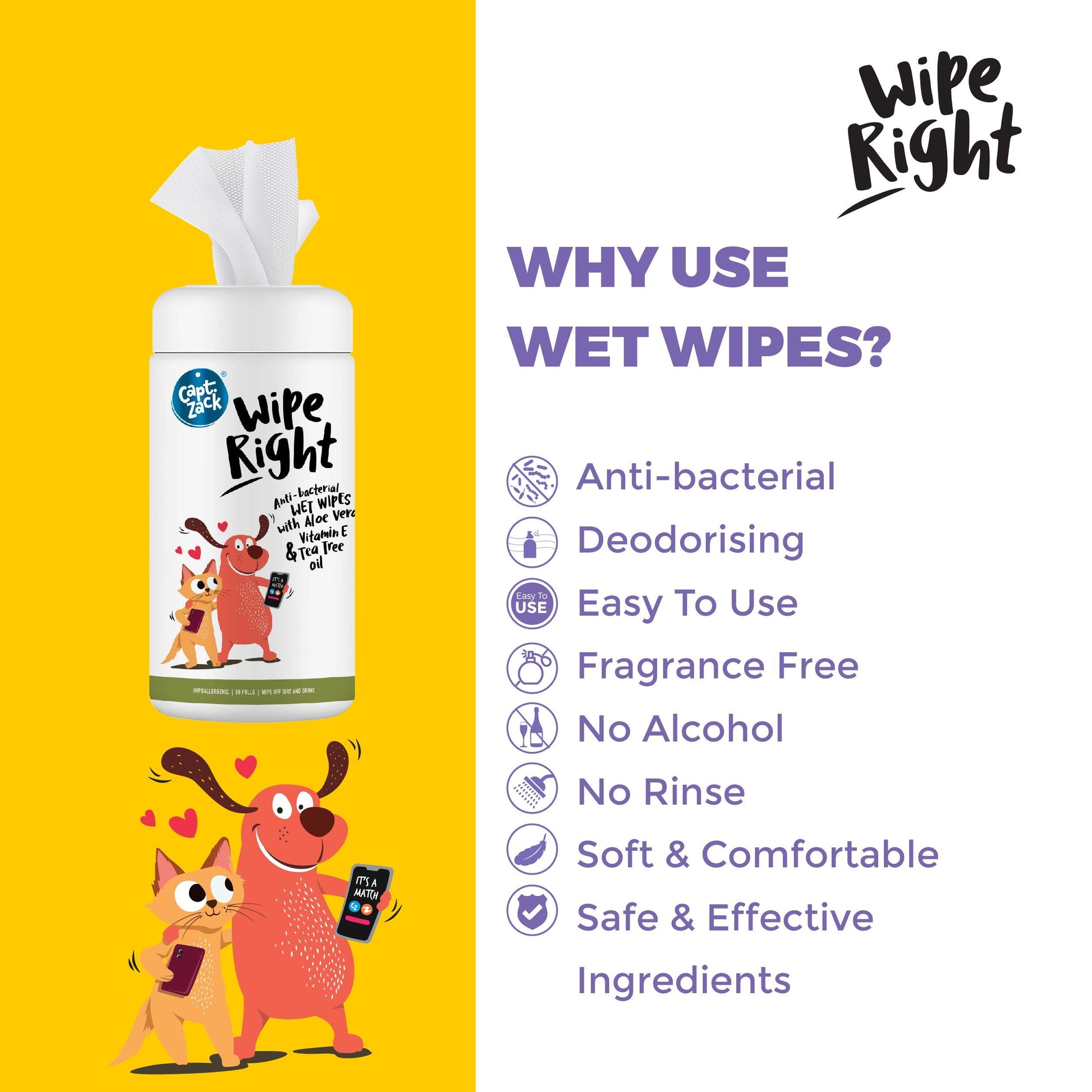 Wipe Right Anti-Bacterial Wet Wipes For Dogs & Cats - Captain Zack